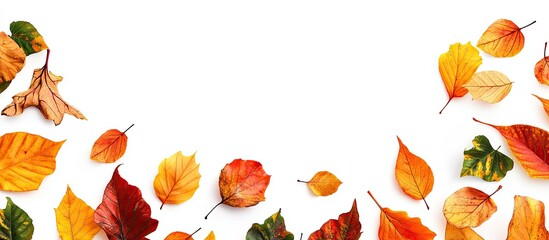 Aufkleber - Autumn leaves in vibrant reds oranges and yellows arranged in a border on a clean white background creating ample copyspace for promotions