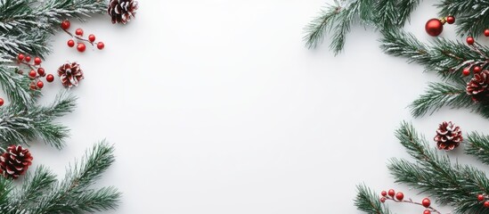 Poster - Festive Christmas arrangement featuring fir branches with red berries and pine cones on a clean white background, top view perspective.