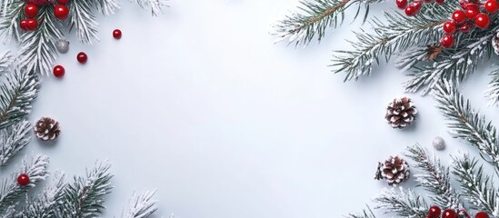 Aufkleber - Winter holiday flat lay featuring snow-dusted evergreen branches with red berries and pine cones on a light gray background creating a festive frame.