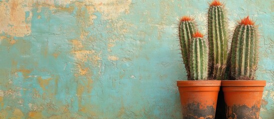 Aufkleber - Cacti in terracotta pots against a weathered turquoise wall with golden textures showcasing vibrant orange spines and rich earthy tones.