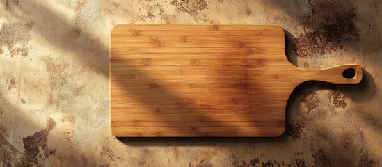 Aufkleber - Bamboo chopping board placed centrally against a textured beige surface with soft shadows highlighting its natural wood grain.