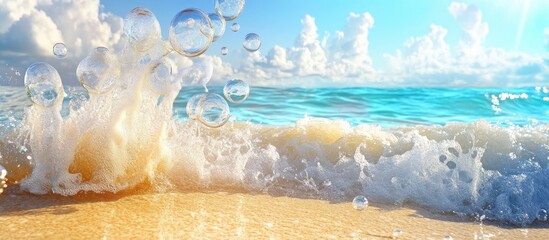 Aufkleber - Abstract beach scene with sparkling wave bubbles in foreground, bright turquoise water, soft sandy beach, and fluffy clouds under a blue sky.
