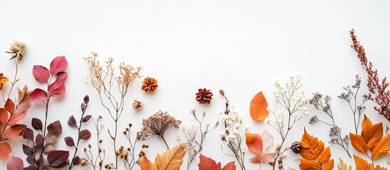 Aufkleber - Autumn foliage arrangement featuring dried flowers and leaves in warm oranges, reds, and browns on a white background top view with ample copy space.