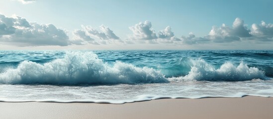 Aufkleber - Coastal view of gentle ocean waves lapping at a sandy beach under a bright blue sky with fluffy clouds creating a serene summer atmosphere