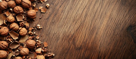 Fototapete - Beech nuts and shells scattered along the left edge of a rich woodgrain background with ample neutral copy space on the right side