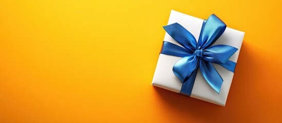 Aufkleber - Gift box wrapped in white paper adorned with a vibrant blue satin bow placed on a bright yellow orange background ideal for festive celebrations.