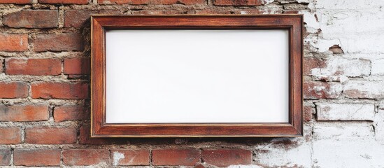 Poster - Brown wooden frame positioned centrally against a textured red brick wall with white copyspace, creating a rustic and inviting ambiance.