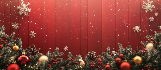 Poster - Christmas themed background with a rich red wooden panel, adorned with snowflakes and lush green foliage, featuring ornaments in gold, red, and burgundy.