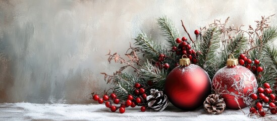 Aufkleber - Elegant Christmas arrangement featuring deep red ornaments, pine cones, and evergreen branches against a soft gray background with white snow.