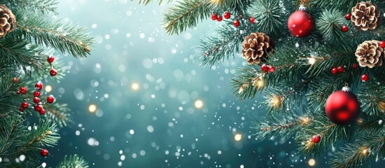Poster - Festive green fir branches adorned with red ornaments and pine cones on a sparkling blue background with soft falling snowflakes and copyspace