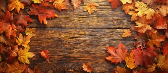 Aufkleber - Autumn leaves in vibrant red and orange hues arranged around a textured wooden backdrop creating a warm seasonal ambiance.