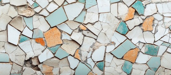 Aufkleber - Mosaic collage of broken ceramic tiles featuring shades of turquoise, white, and orange arranged in a dynamic pattern on a textured surface.