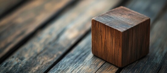 Poster - Wooden block with rich brown tones positioned at the bottom right on a weathered wooden surface, showcasing selective focus and texture details.
