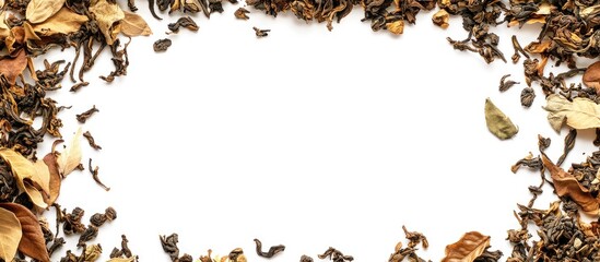 Poster - Dried tea leaves forming a textured border on a bright white background from a top view creating a natural frame for text or messages.