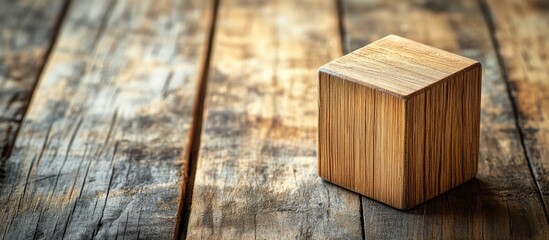 Poster - Wooden cube positioned slightly right on rustic vintage wood background with warm brown tones and ample copyspace on left side for text