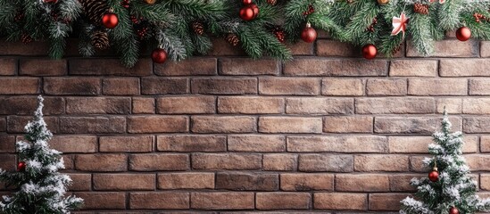 Poster - Christmas scene featuring a brown brick wall decorated with green pine branches and red ornaments, flanked by two snowy evergreen trees.