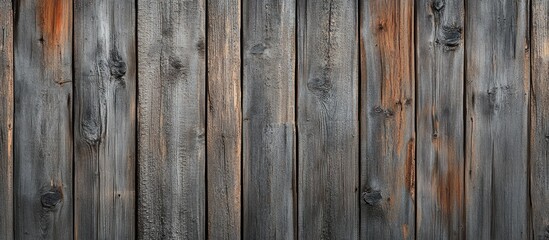 Poster - Weathered wooden planks in shades of brown and gray arranged vertically, showcasing a rustic texture with knots and grain variations.