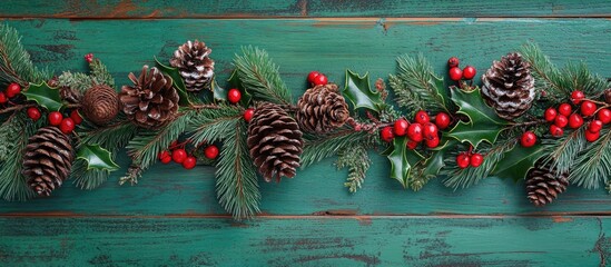 Poster - Arrangement of pinecones red berries and holly on green wooden background flat lay top view with ample copyspace for seasonal themes