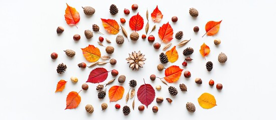 Aufkleber - Autumn Mandala made of vibrant red and orange leaves, acorns, chestnuts, and cones arranged symmetrically on a white background flat lay view