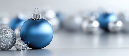 Aufkleber - Blue and silver Christmas ornaments featuring a large blue ornament in the foreground with a shiny silver ornament beside it on a soft blurred background.