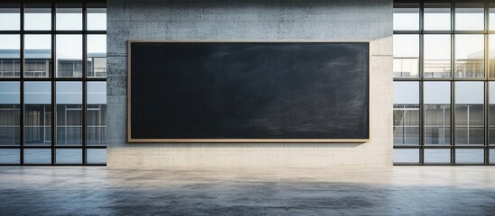 Aufkleber - Contemporary interior showcasing a large blackboard on a concrete wall, framed by expansive glass windows allowing natural light in.