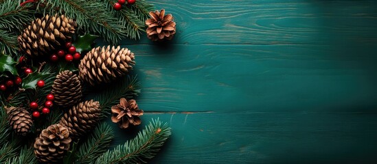 Poster - Christmas decoration featuring pinecones and holly branches arranged on a dark green wooden background with ample space for text on the right