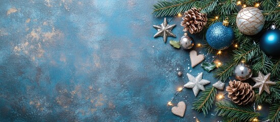 Aufkleber - Festive Christmas table setting with pine branches blue and silver ornaments stars hearts cones and spices arranged on blue textured background
