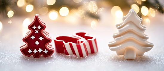 Aufkleber - Red and white Christmas tree and candy cane cookie cutters on sparkling white background with warm bokeh lights creating a festive holiday atmosphere