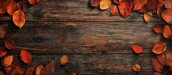 Aufkleber - Autumn leaves in vibrant orange and red hues scattered around a dark weathered wooden background creating a warm rustic atmosphere.