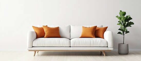 Aufkleber - Modern Scandinavian living room featuring a white sofa with orange pillows centered against a neutral wall, complemented by a green plant in a pot.