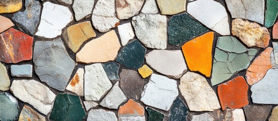 Aufkleber - Mosaic of broken ceramic tiles in various earthy tones with orange highlights arranged randomly. Diverse textures create a rustic floor pattern.