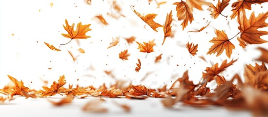 Aufkleber - Autumn leaves in vibrant orange swirling against a clean white background creating dynamic motion capturing seasonal beauty and vibrancy