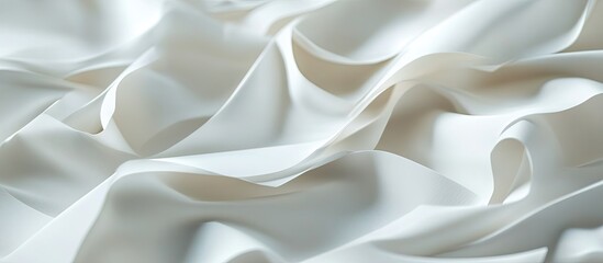 Fototapete - Elegant flowing white silk fabric, softly wrinkled with smooth texture, in close-up view, providing ample soft background space for text or images.