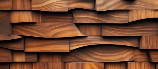 Poster - Textured brown wood panels in varying shades, arranged in a layered wavy pattern, creating a warm and rustic abstract backdrop.