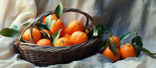Poster - Basket filled with vibrant orange tangerines rests on a soft textured tablecloth with gentle drapes and green leaves serving as accents.