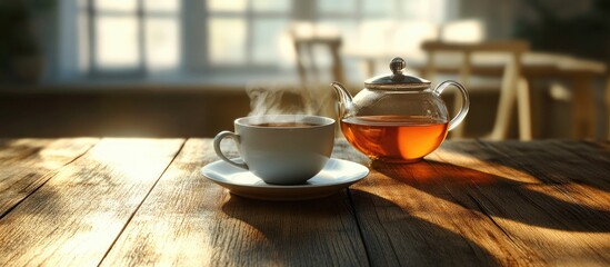 Fototapete - Cup of steaming hot tea on a saucer in front of a clear glass teapot on a rustic wooden table with warm sunlight streaming in from windows