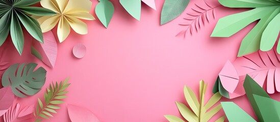 Aufkleber - Colorful arrangement of green yellow and pink paper leaves in various shapes and sizes on a soft pink background creating a vibrant border effect