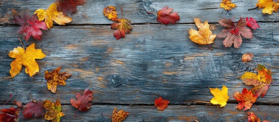 Aufkleber - Vibrant autumn leaves in shades of red, orange, and yellow scattered on aged grey wooden planks creating a seasonal textured background.