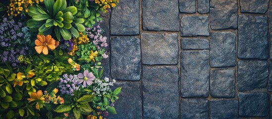 Aufkleber - Vibrant spring flowers in orange, yellow, and purple arranged with lush greenery on the left, contrasted against dark stone paving on the right.