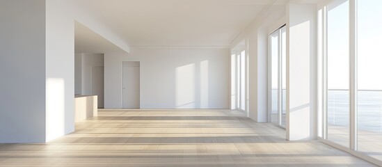 Poster - Bright spacious unfurnished room with wooden laminate floor, large windows allowing natural light, and open layout ideal for studio apartment design.