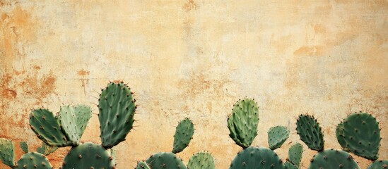 Aufkleber - Cactus plants with thick green pads arranged in the lower part against a textured vintage beige background showcasing earthy tones and warmth