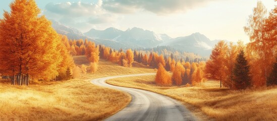 Aufkleber - Autumn mountain landscape with winding road in the foreground surrounded by vibrant orange and yellow trees under a clear blue sky.