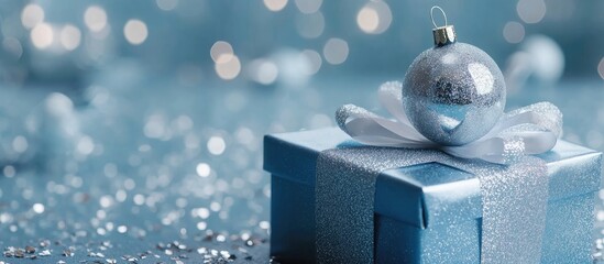 Aufkleber - Blue gift box adorned with a silver shiny bauble and white ribbon positioned on glittery blue background creating a festive Christmas atmosphere