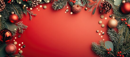 Aufkleber - Christmas flat lay with red background featuring pine branches, ornaments, pinecones, and berry accents, creating a festive holiday arrangement.