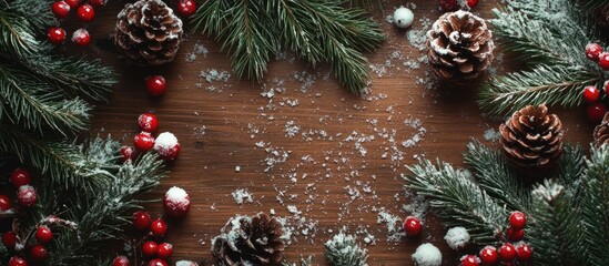 Poster - Festive flat lay featuring fresh dog rose berries in red and white, pine branches, cones, and artificial snow on vintage wooden boards, ample copyspace.