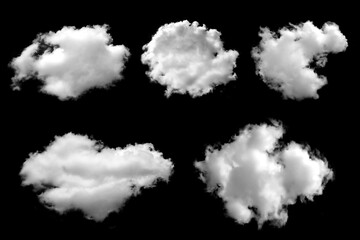 isolated cloud collection on black background. set of different types of clouds. design. fog. haze. 