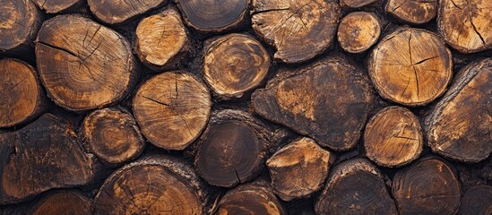 Poster - Textured background of round cut logs in warm brown hues arranged in a pattern with ample copy space for text in the center of the image.