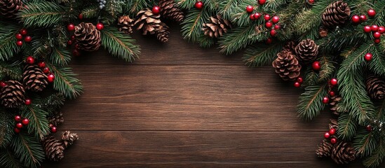Poster - Rustic wooden surface with realistic Christmas tree branches adorned with red berries and pine cones forming a festive border top view.
