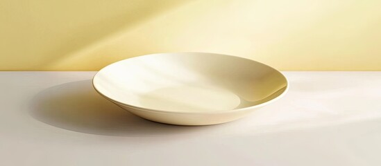 Aufkleber - Elegant pale ceramic plate centered on a smooth light yellow table, soft shadows create a serene ambiance with space for text above.