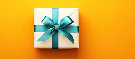 Aufkleber - Gift wrapped in white paper with a satin blue bow centered against a vibrant yellow orange background ideal for celebrations and special occasions